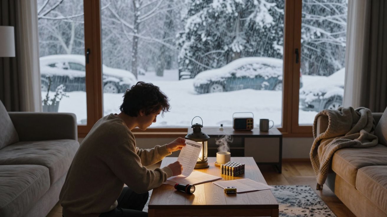 Pessoa sentada numa sala aconchegante a ler uma manga numa mesa de madeira, com neve visível pela janela grande.
