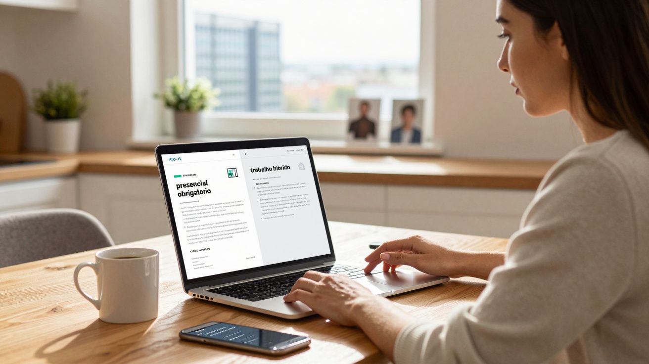 Mulher a trabalhar num portátil num ambiente doméstico com telemóvel e chávena numa mesa de madeira.