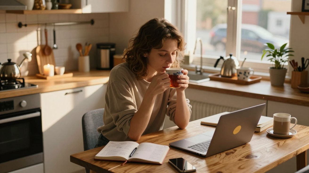 Mulher sentada na cozinha a beber chá, com portátil, caderno e smartphone numa mesa de madeira.
