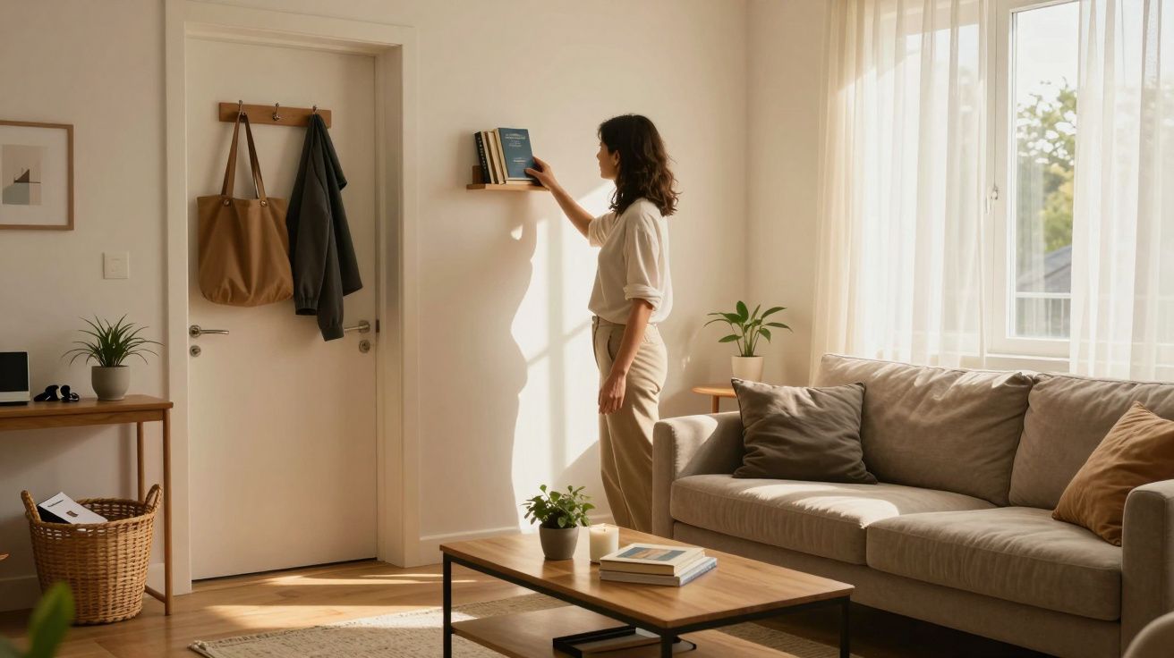 Mulher a colocar livro numa pequena prateleira numa sala de estar luminosa com sofá e mesa de centro.