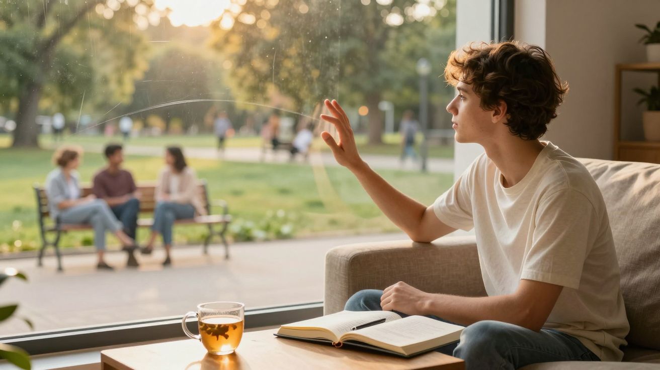 Jovem sentado num sofá a olhar pela janela, com chá e um caderno aberto numa mesa à frente.