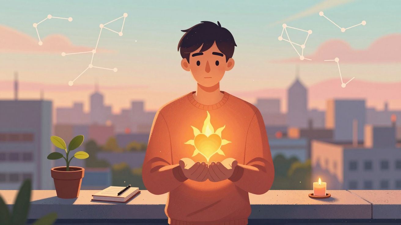 Jovem segura coração luminoso em forma de sol numa varanda ao pôr do sol com cidade ao fundo.