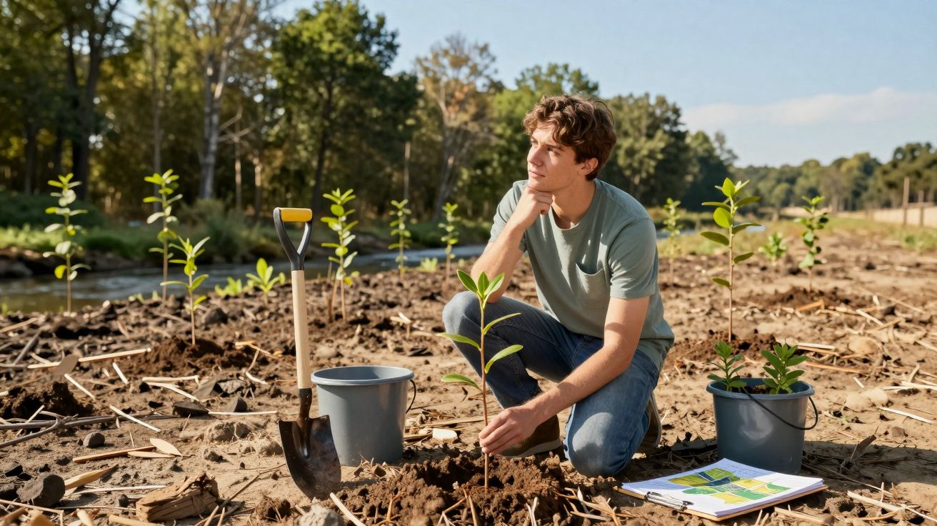 Jovem ajoelhado a plantar uma árvore numa área ampla com outras árvores jovens e utensílios de jardinagem.