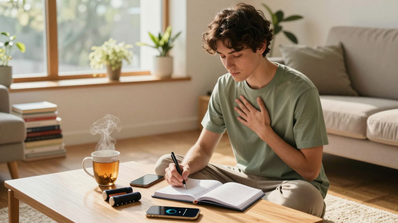 Jovem sentado no chão a escrever num caderno, com chá quente e dispositivos eletrónicos numa mesa de madeira.