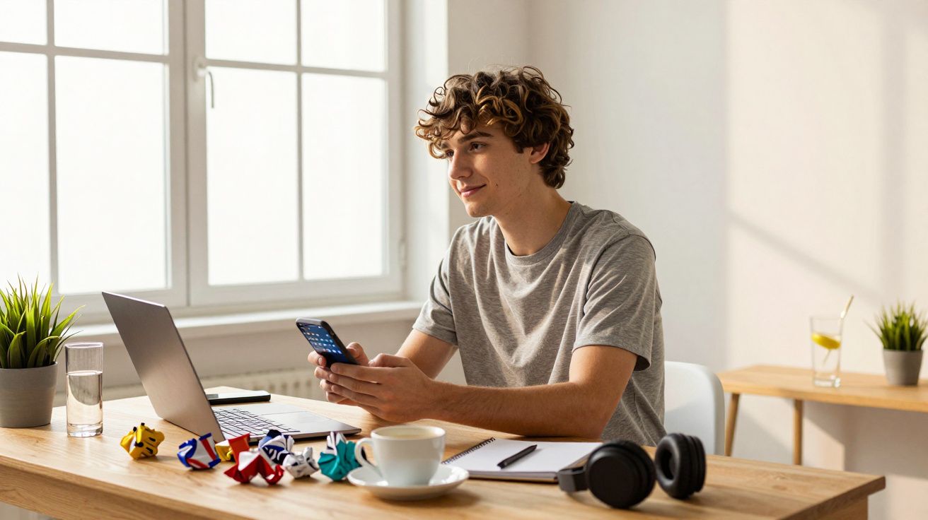 Jovem sentado a trabalhar num ambiente iluminado, com computador, telemóvel e objetos sobre a secretária.