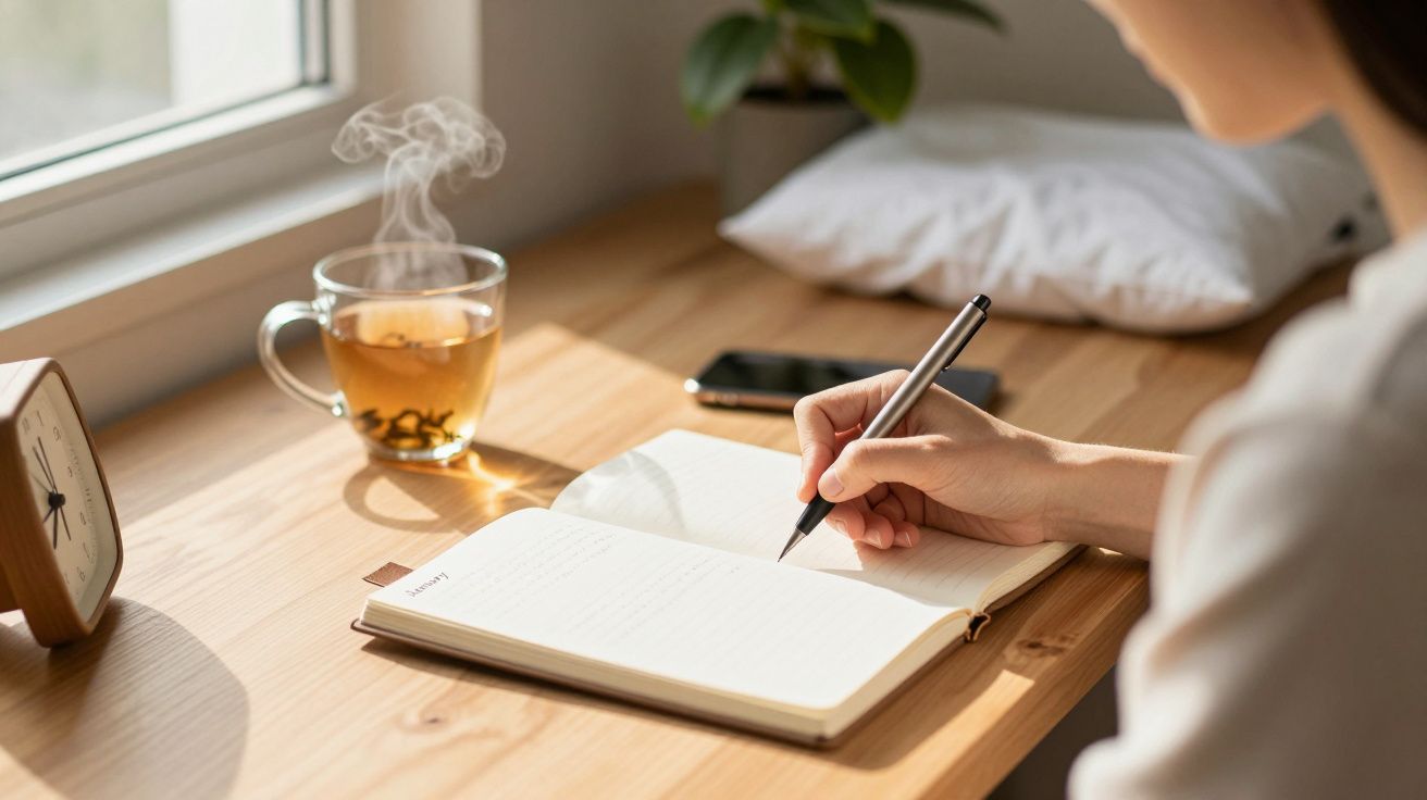 Pessoa a escrever num diário à luz natural, com chá quente e telemóvel sobre a mesa perto da janela.