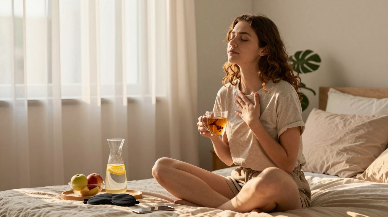 Mulher sentada na cama a beber chá, com expressão serena num quarto iluminado e acolhedor.