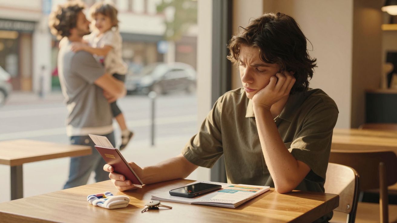 Jovem sentado numa cafeteria a olhar pensativo para um passaporte, com chave e telemóvel na mesa.