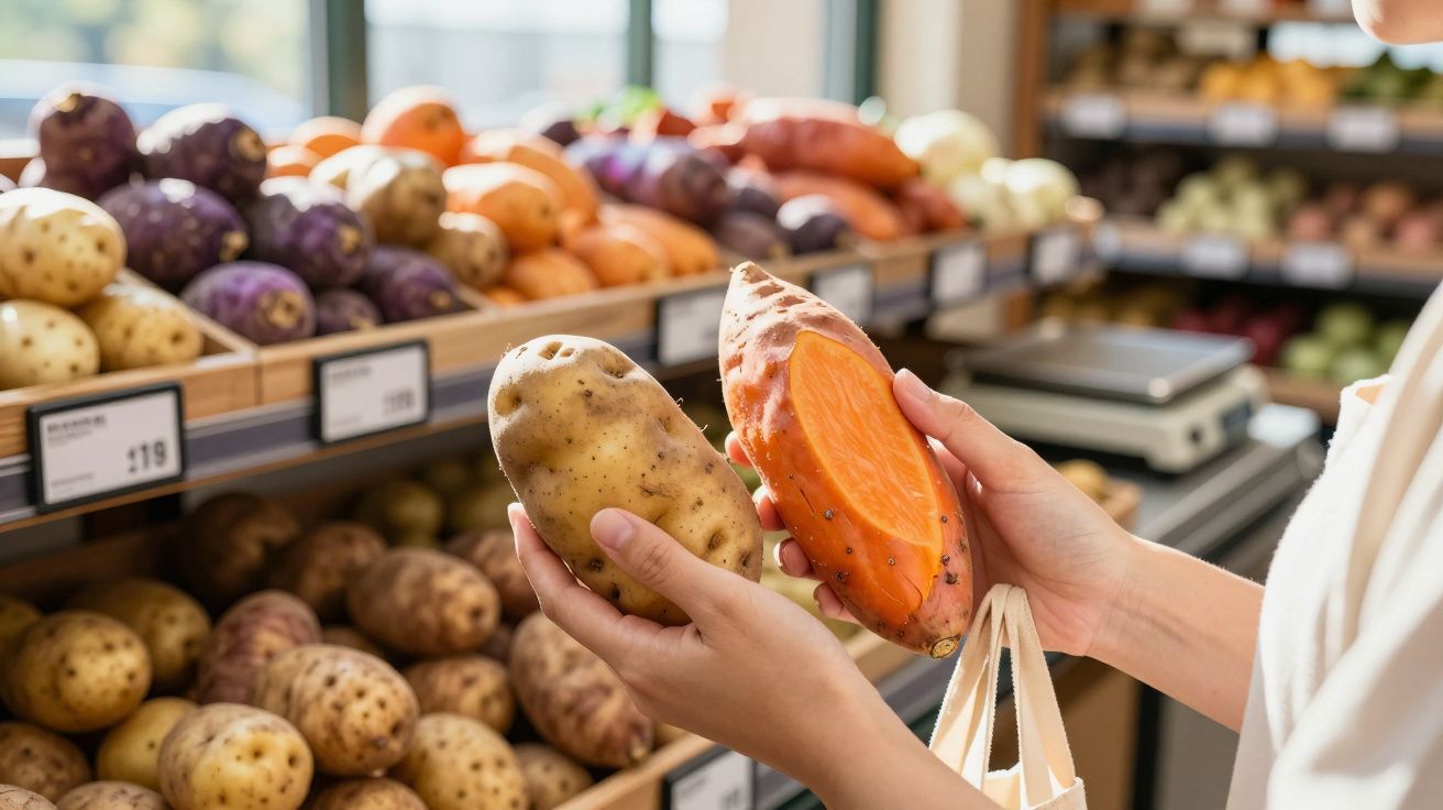 Pessoa a comparar batata comum e batata-doce laranja num supermercado com várias batatas expostas.