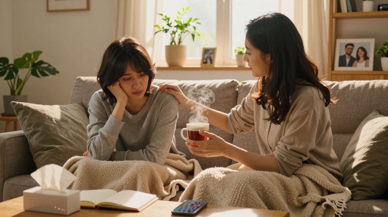 Duas mulheres numa sala, uma consola outra com chá quente, num momento de conforto e apoio emocional.