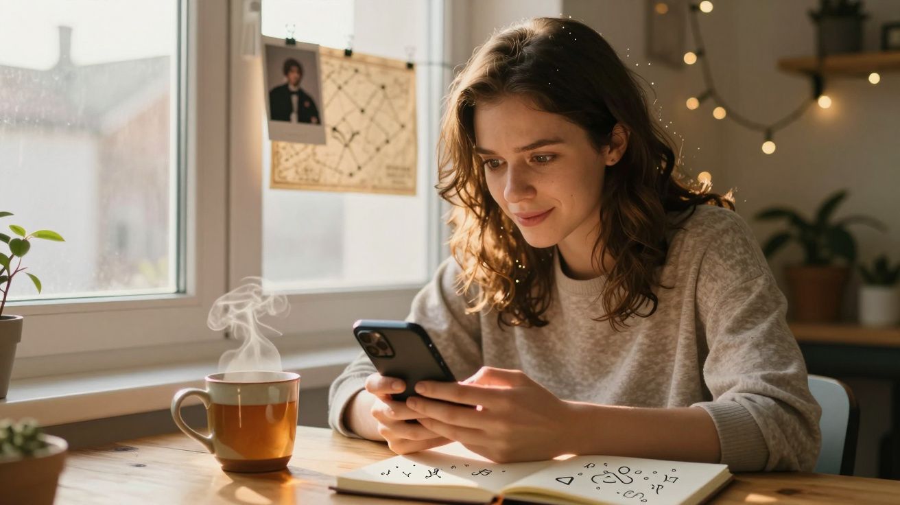Mulher sentada à mesa, a olhar para o telemóvel, com chá fumegante e caderno à frente, junto à janela.