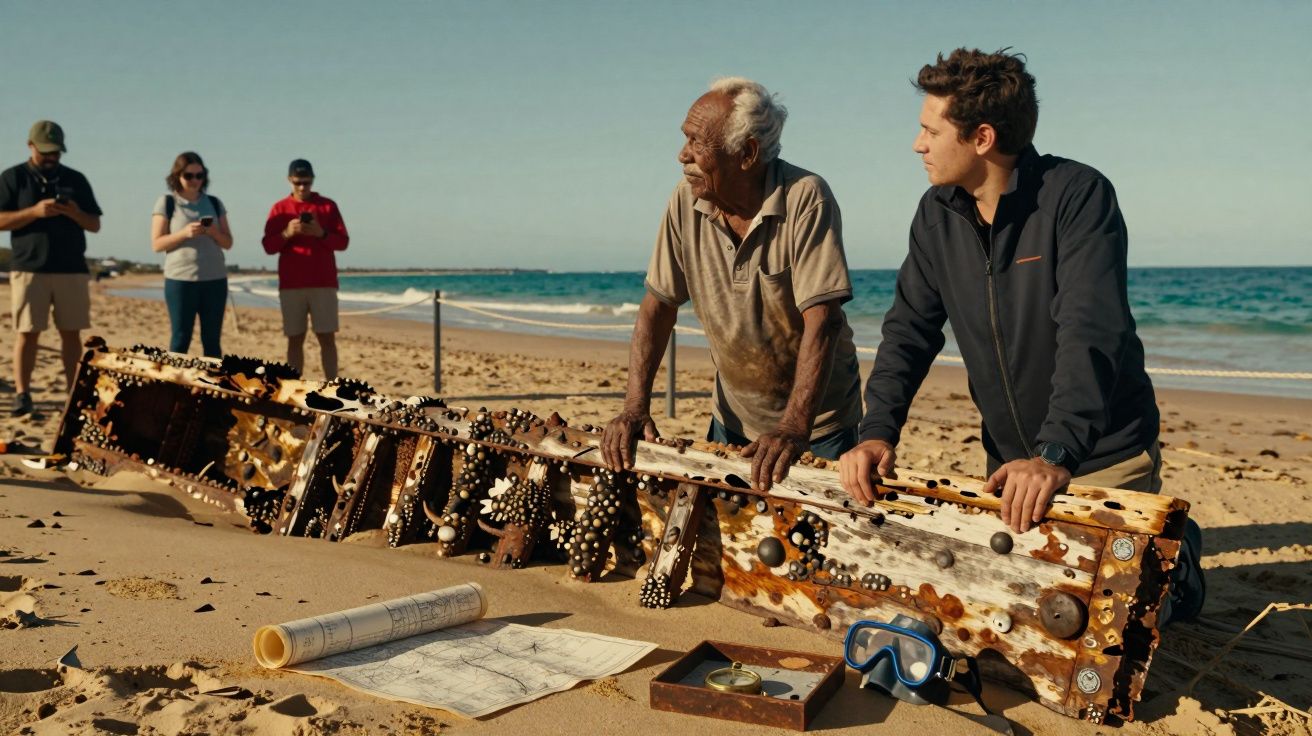 Dois homens na praia com objeto marítimo antigo coberto por conchas, mapas e equipamento de mergulho à frente.