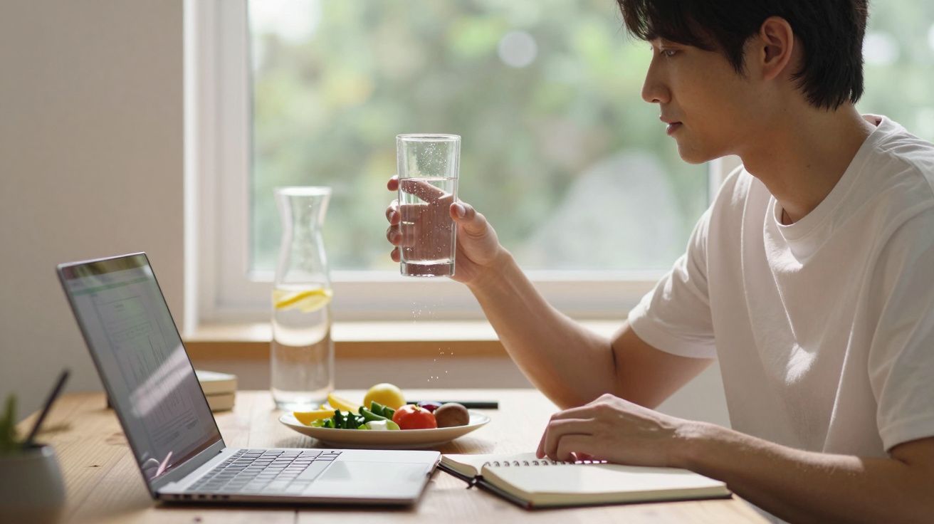 Jovem sentado a trabalhar num portátil, segurando um copo de água, com fruta e jarra na mesa.