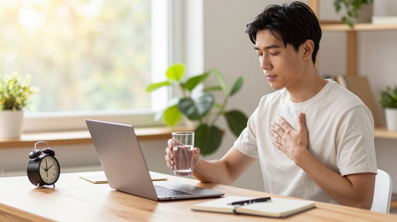 Homem sentado numa secretária com portátil, a segurar um copo de água e a tocar o peito.
