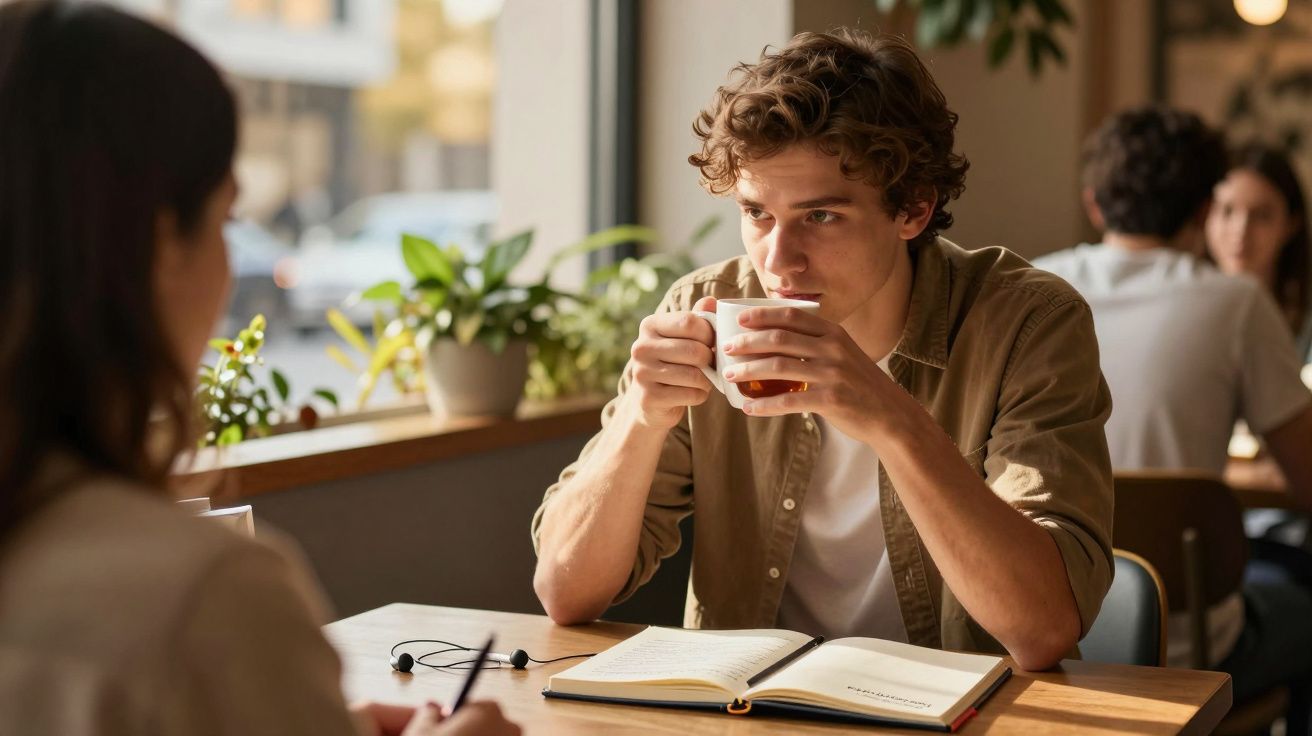 Jovem a beber chá enquanto conversa com uma pessoa sentada à sua frente numa cafetaria luminosa.