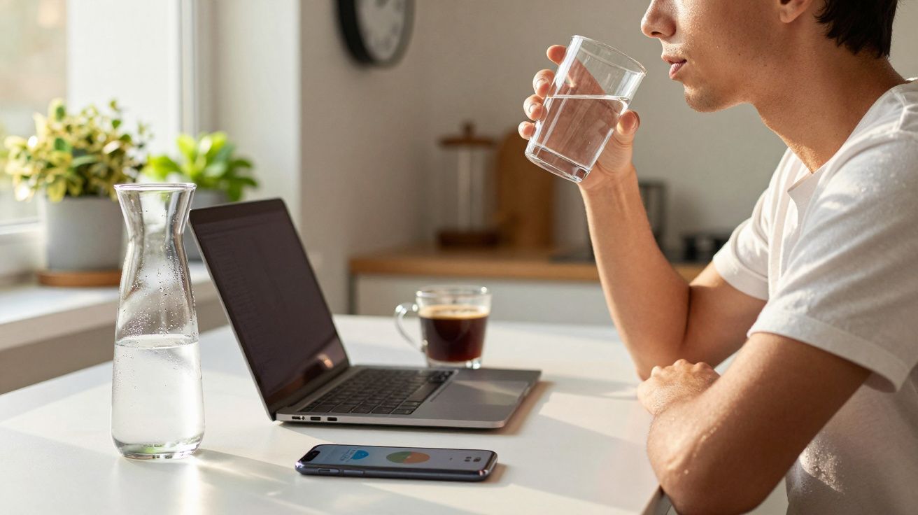 Pessoa a beber água junto a computador portátil, smartphone e chávena de café numa mesa branca.