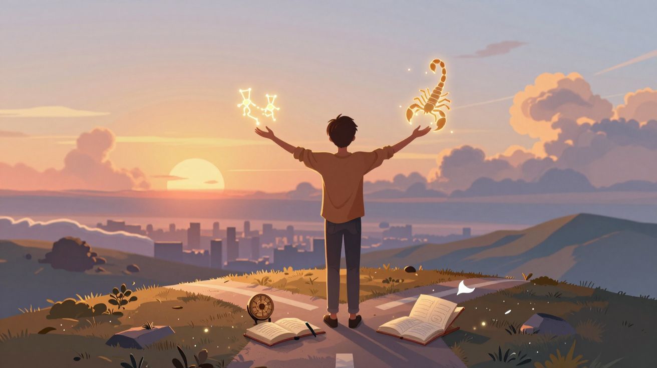 Pessoa de costas e braços abertos com signos de Libra e Escorpião brilhando ao pôr do sol, livros e bússola no chão.