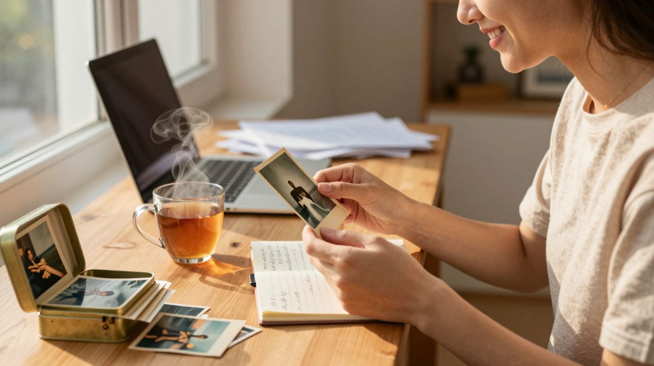 Mulher sorridente a olhar fotografias antigas numa secretária com chá quente, computador e caderno.