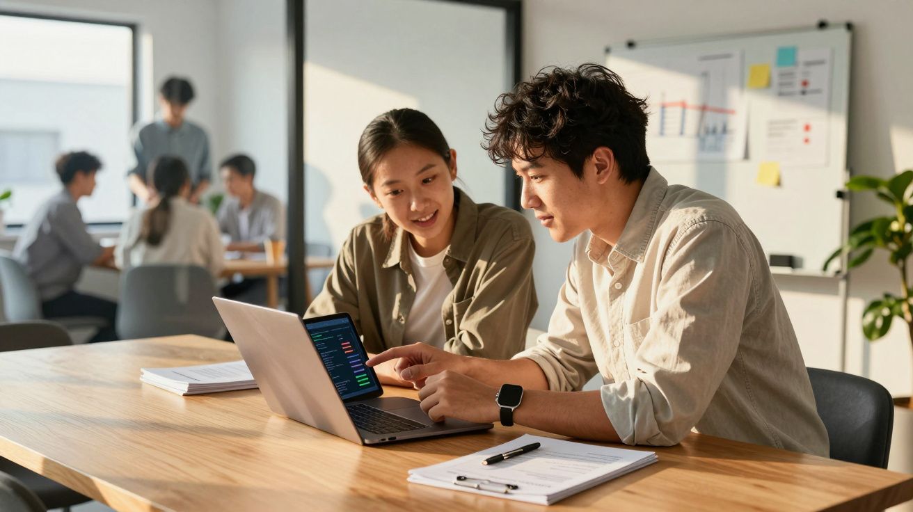 Duas pessoas numa reunião de trabalho a analisar dados num computador portátil numa sala com outras pessoas ao fundo.