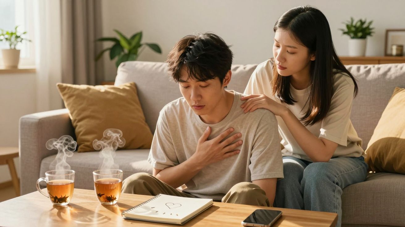 Homem com dor no peito sentado no sofá, mulher ao lado a confortá-lo numa sala acolhedora.