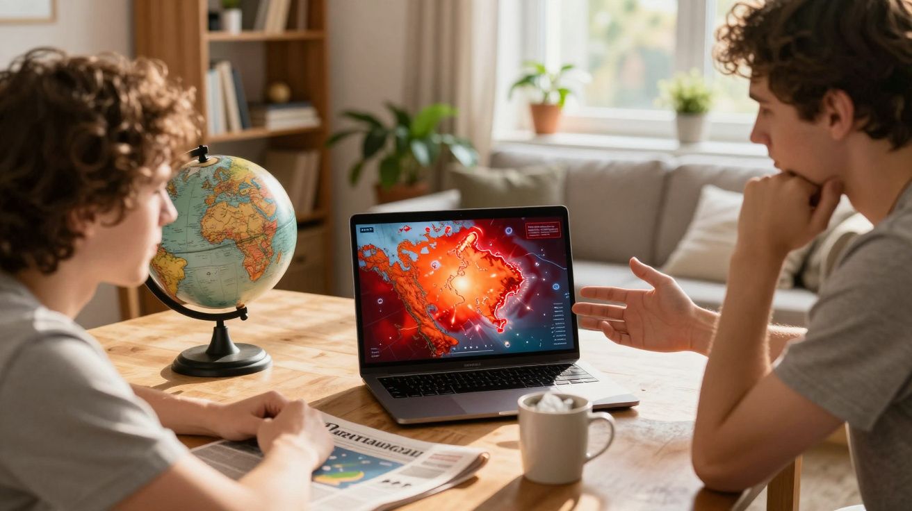 Duas pessoas a discutir mapa de calor num portátil, com globo terrestre, jornal e caneca numa mesa de madeira.