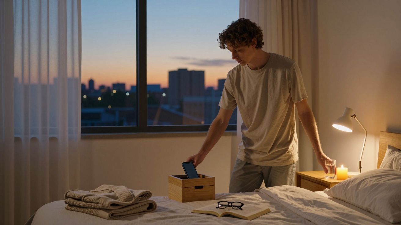 Homem a guardar telemóvel numa caixa de madeira ao lado da cama num quarto iluminado ao entardecer.