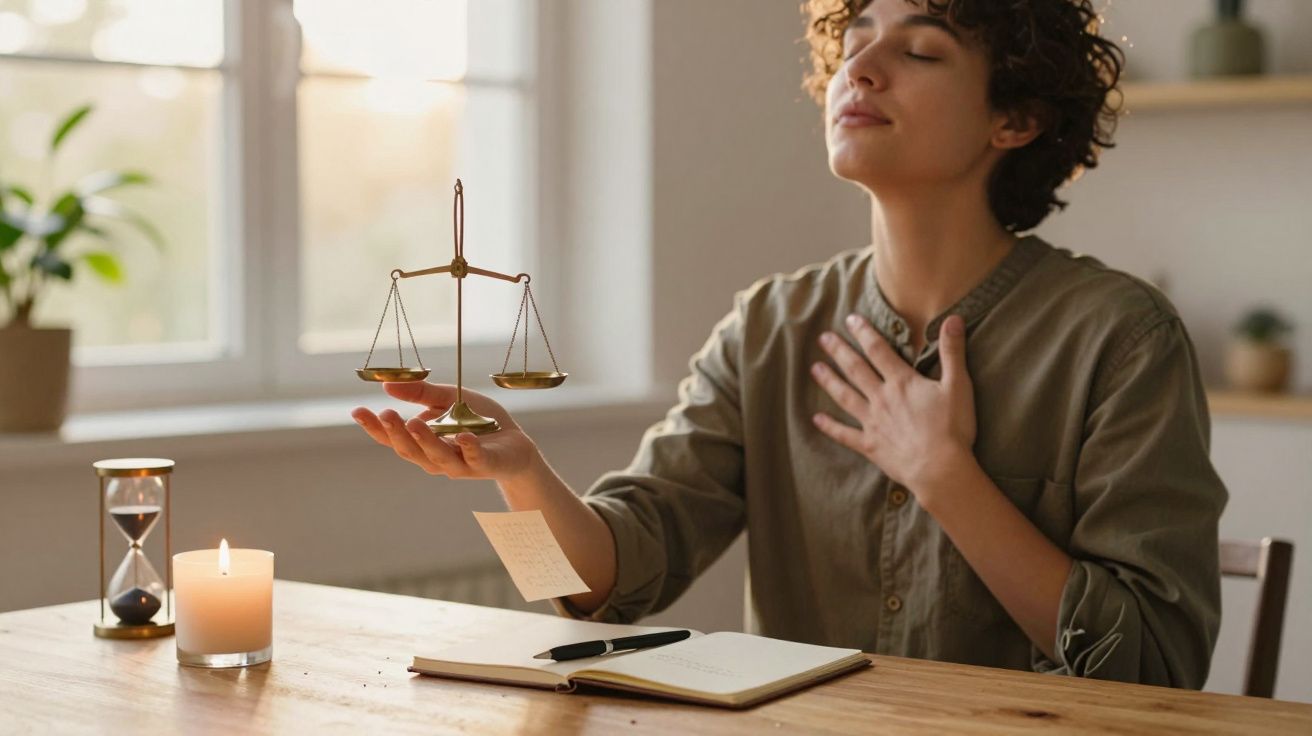 Pessoa sentada com olhos fechados segurando uma balança de justiça ao lado de vela e ampulheta sobre a mesa.