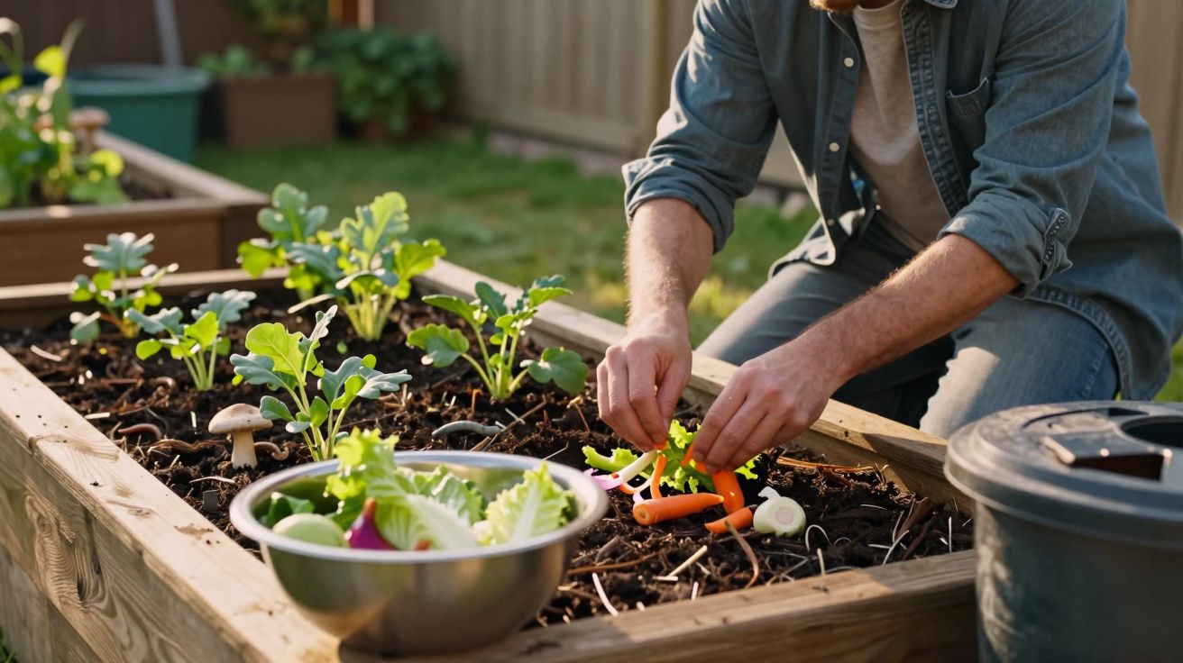 Pessoa a apanhar cenouras num canteiro elevado com legumes frescos e uma tigela metálica ao lado.