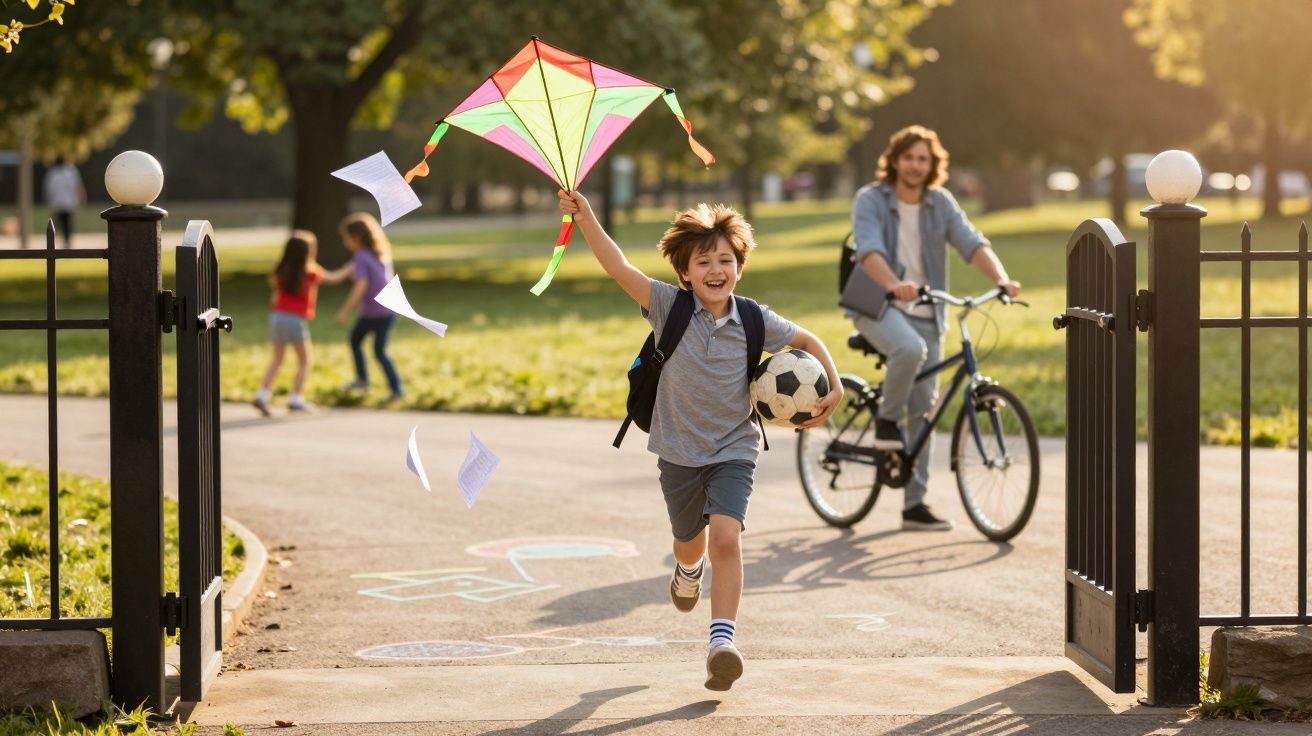Criança feliz correndo num parque com papagaio e bola, com adulto de bicicleta ao fundo.