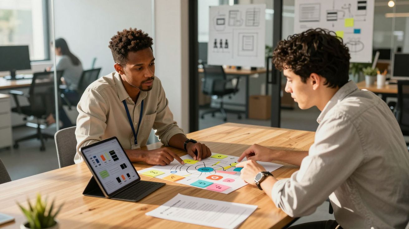 Dois homens a discutir estratégia de marketing com post-its coloridos e tablet numa sala de reuniões moderna.