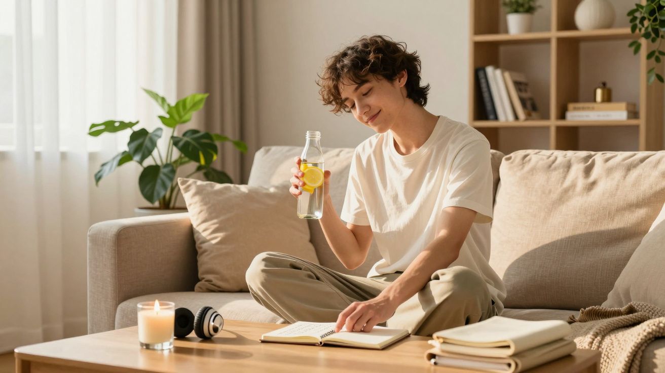 Pessoa sentada no sofá a ler um livro e a beber água com limão, em ambiente acolhedor e iluminado.