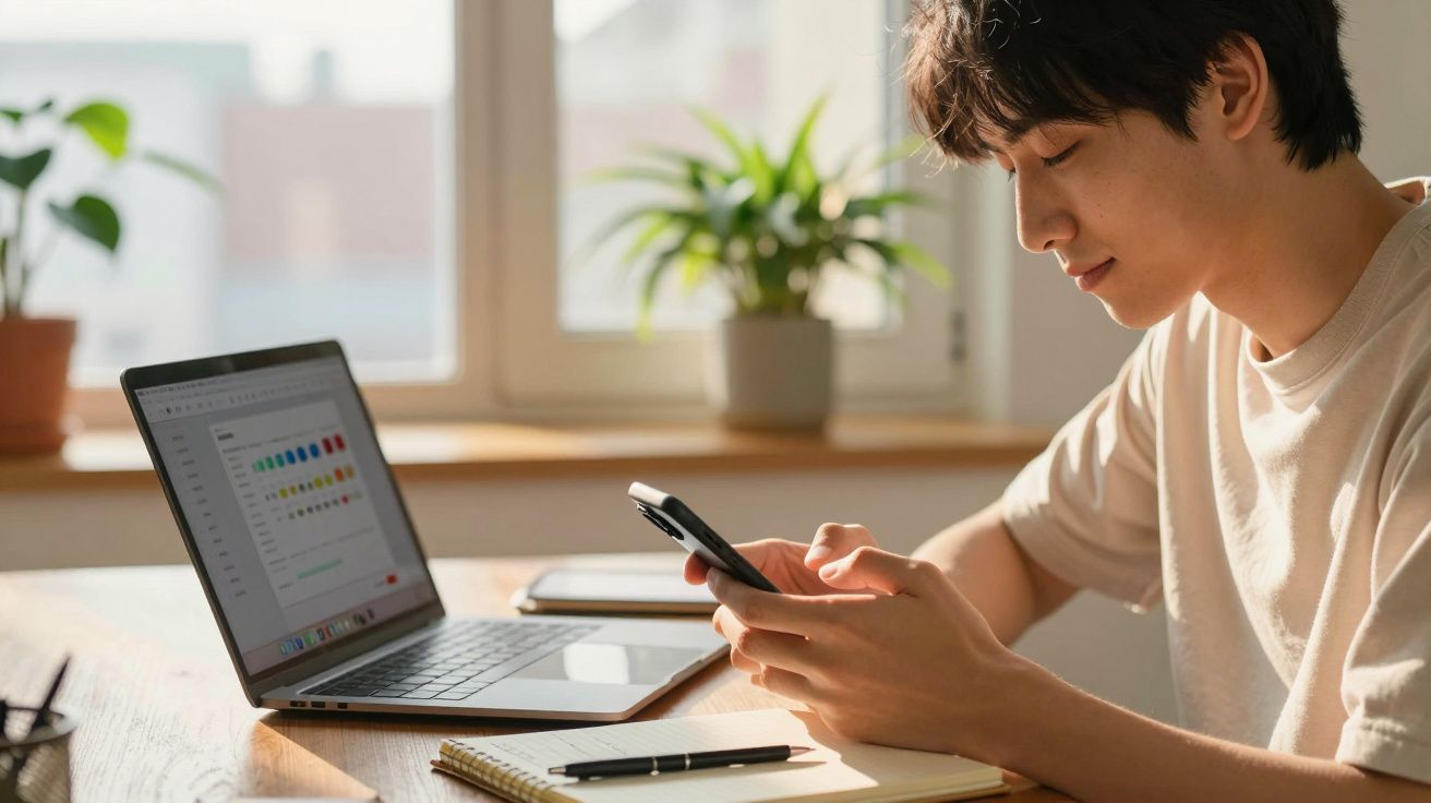 Jovem sentado numa mesa a usar telemóvel e laptop com gráficos, em ambiente luminoso e com plantas ao fundo.