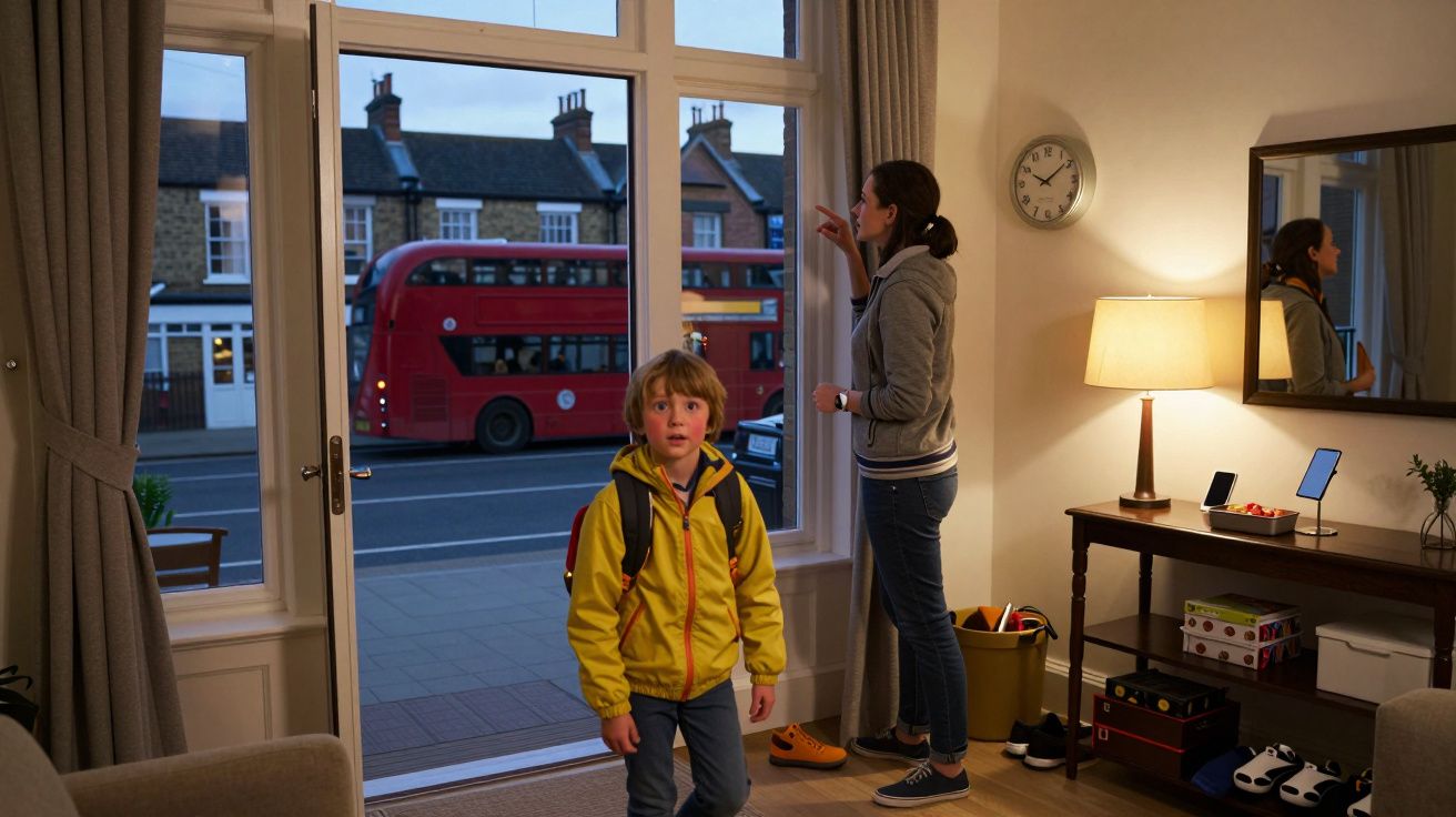 Criança de mochila amarela e mulher dentro de casa com autocarro vermelho londrino a passar pela janela.