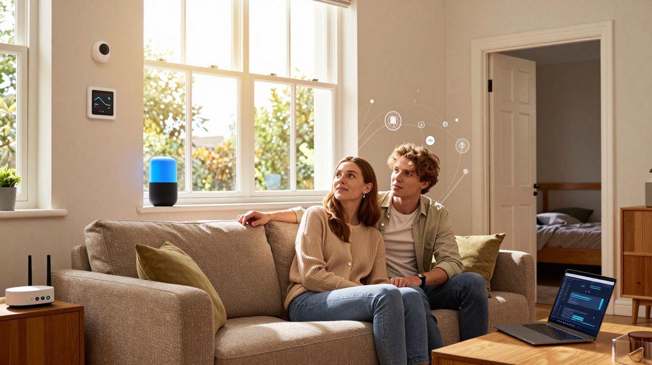 Casal sentado no sofá numa sala moderna com tecnologia doméstica inteligente ligada.