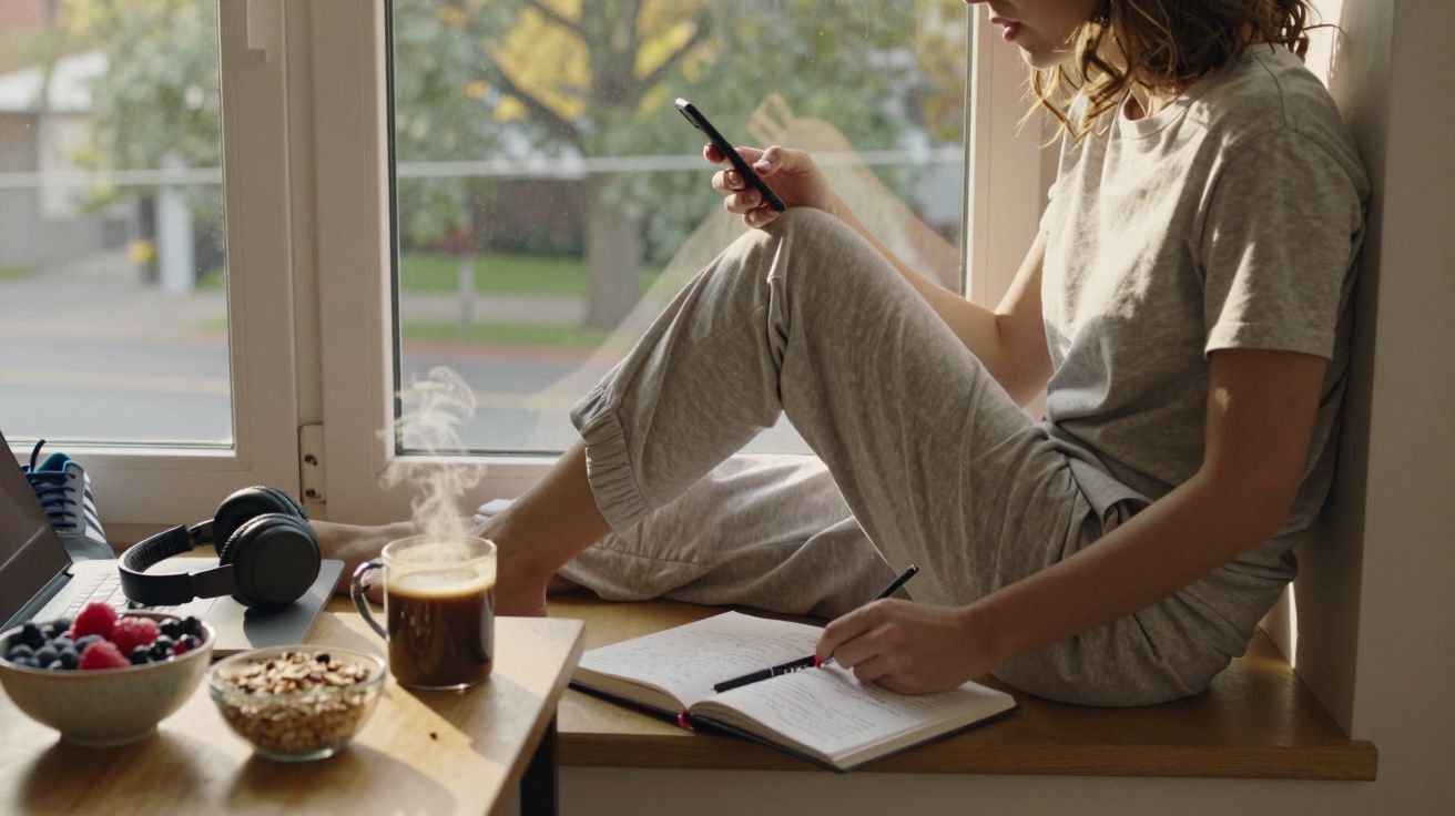 Mulher sentada no parapeito da janela a usar telemóvel e a escrever num caderno, com pequeno-almoço na mesa.