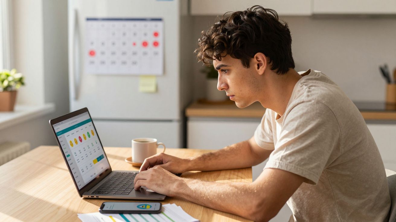 Jovem a trabalhar num portátil numa cozinha, com smartphone e documentos na mesa, ao lado de uma chávena.