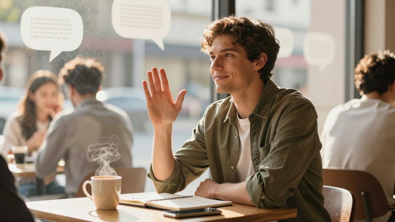 Jovem sentado numa mesa de café com caderno aberto acena com a mão, sorrindo.