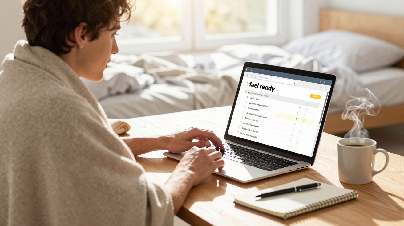 Pessoa com manta, a usar computador portátil numa mesa com caderno, caneta e chá quente a vapor.