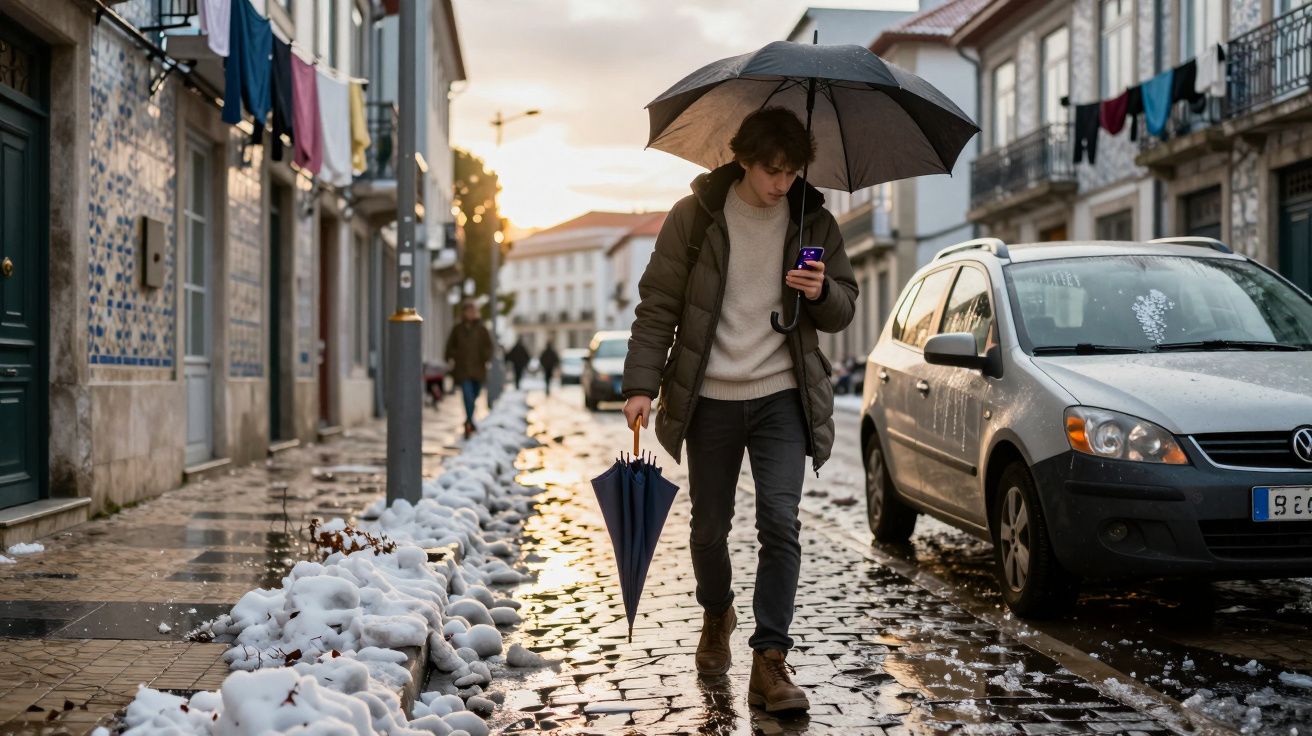 Pessoa jovem com casaco e guarda-chuva a andar numa rua molhada com neve nas calçadas ao entardecer.
