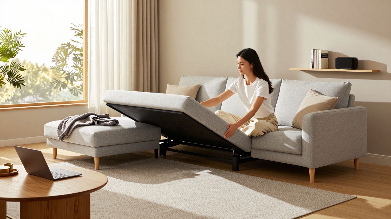 Mulher a transformar sofá cinzento em cama numa sala iluminada com laptop numa mesa de madeira.