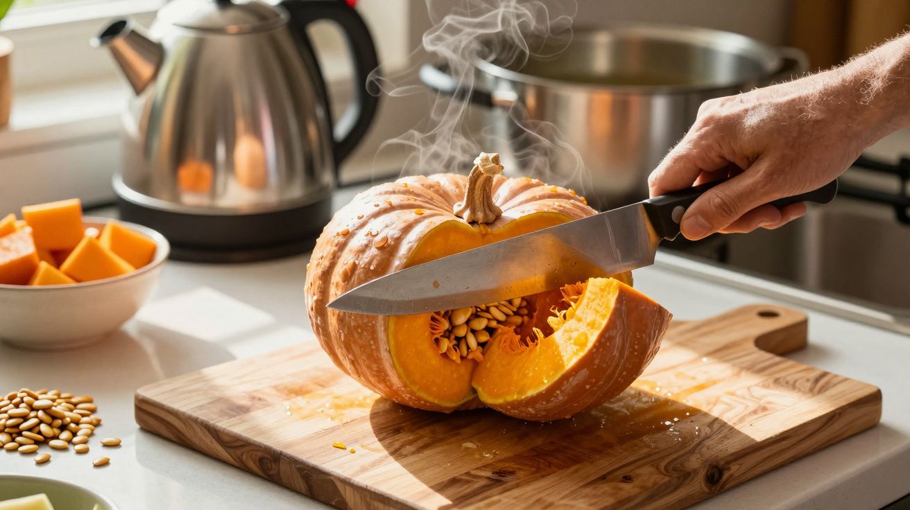 Mão a cortar uma abóbora com uma faca numa tábua de madeira, com semente espalhadas à volta.