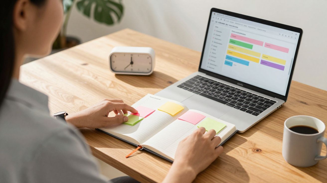 Pessoa a organizar notas adesivas num caderno, com computador portátil e chávena de café numa secretária de madeira clara.