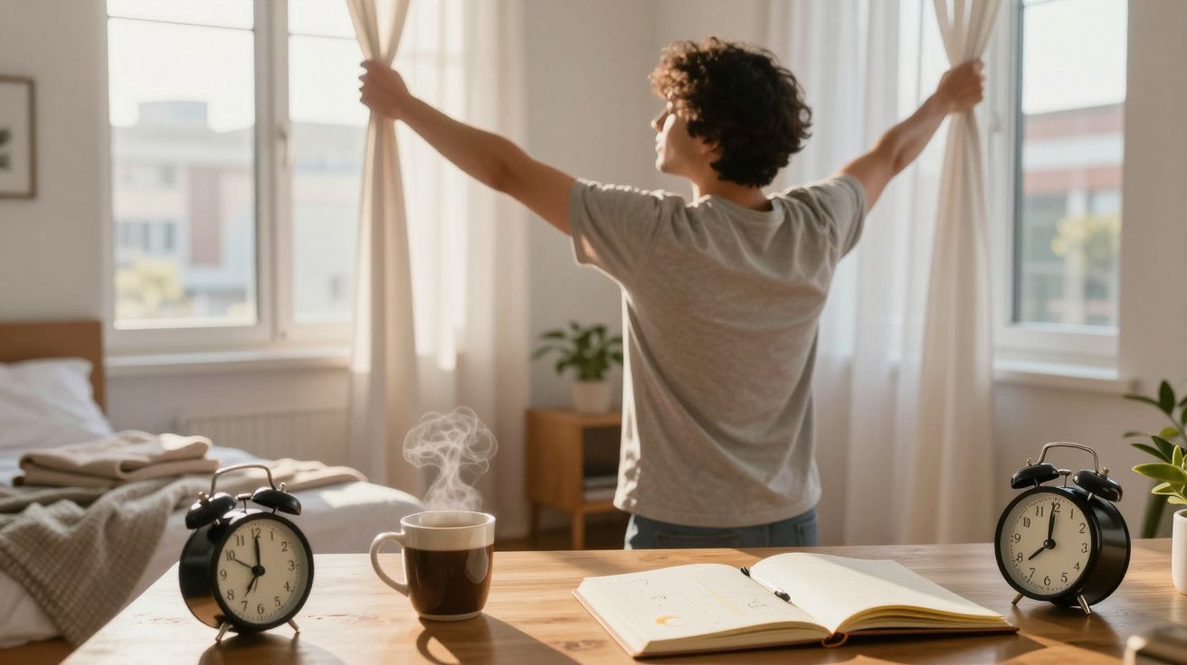 Pessoa a abrir cortinas numa manhã ensolarada com mesa, relógios e café quente na frente.