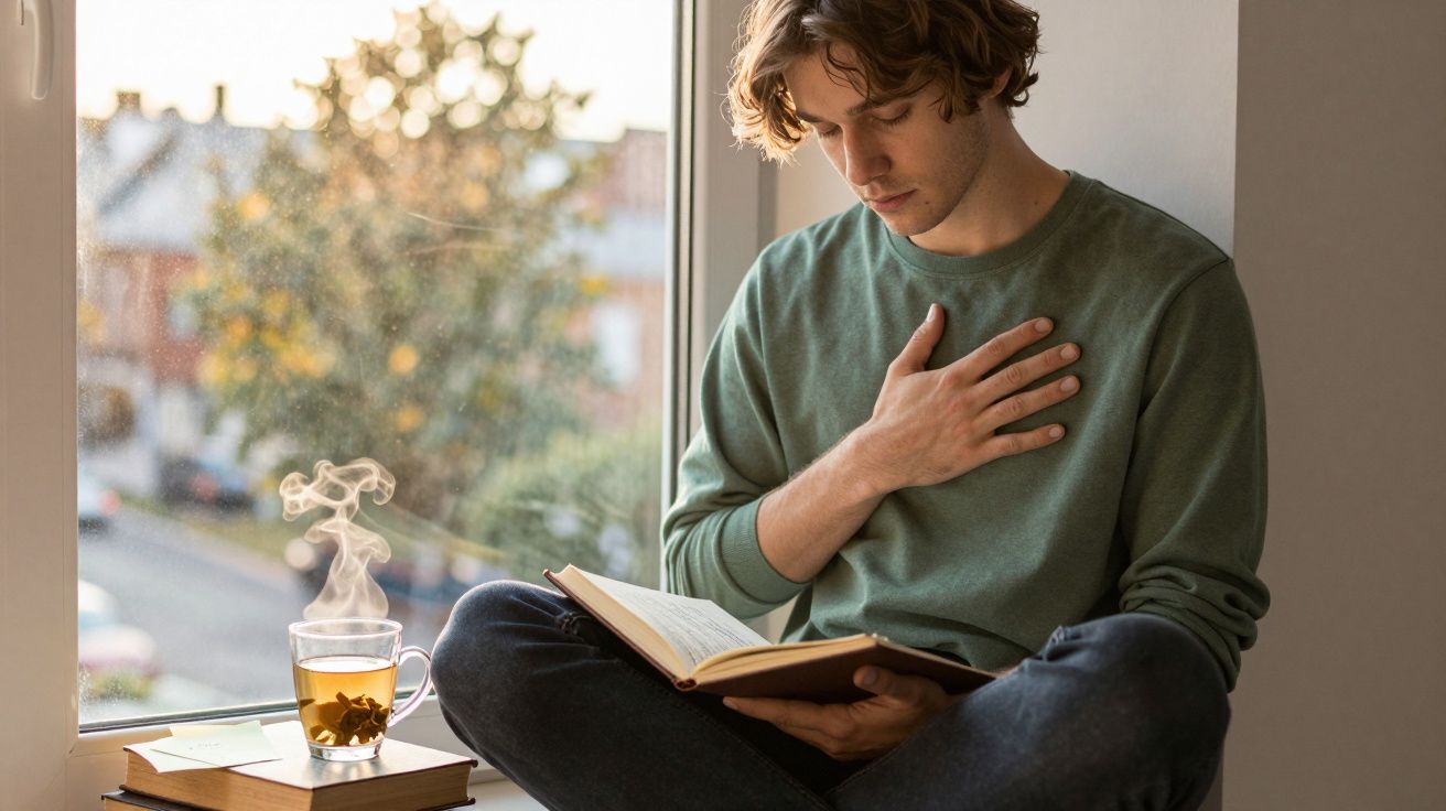 Jovem sentado no peitoril da janela lendo um livro com chá quente ao lado.