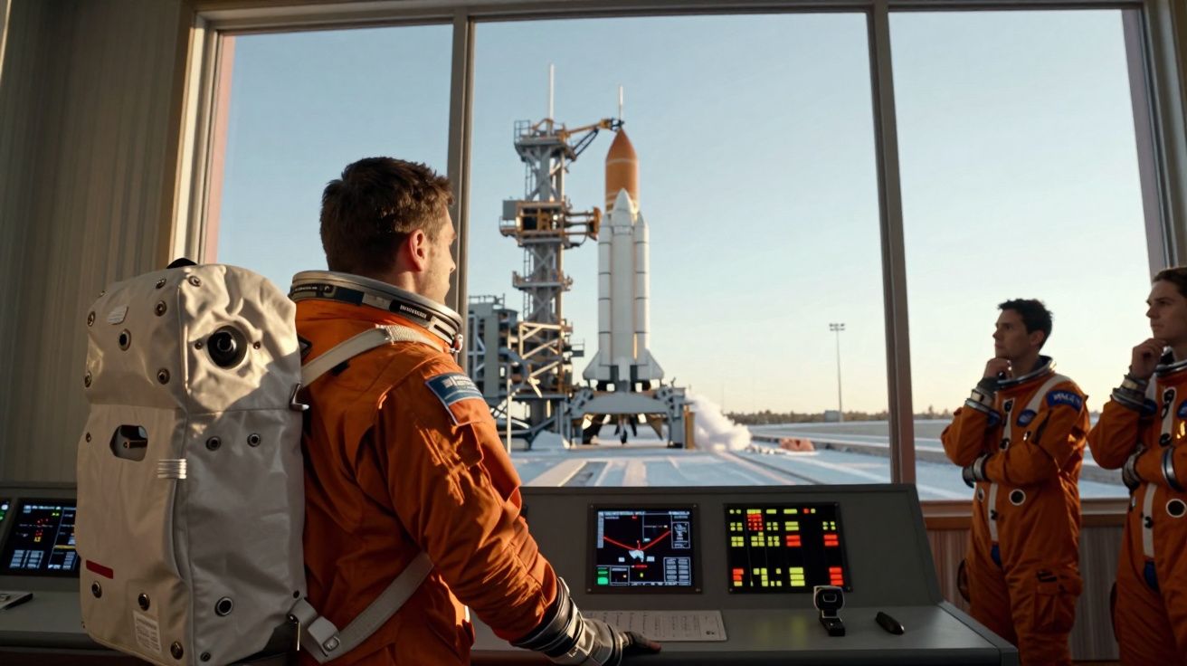 Três astronautas em fato laranja observam um foguetão na plataforma de lançamento através de uma janela grande.