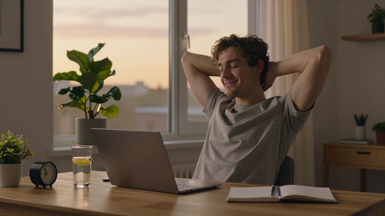 Homem relaxa com os braços atrás da cabeça enquanto trabalha num portátil numa mesa com plantas e caderno.