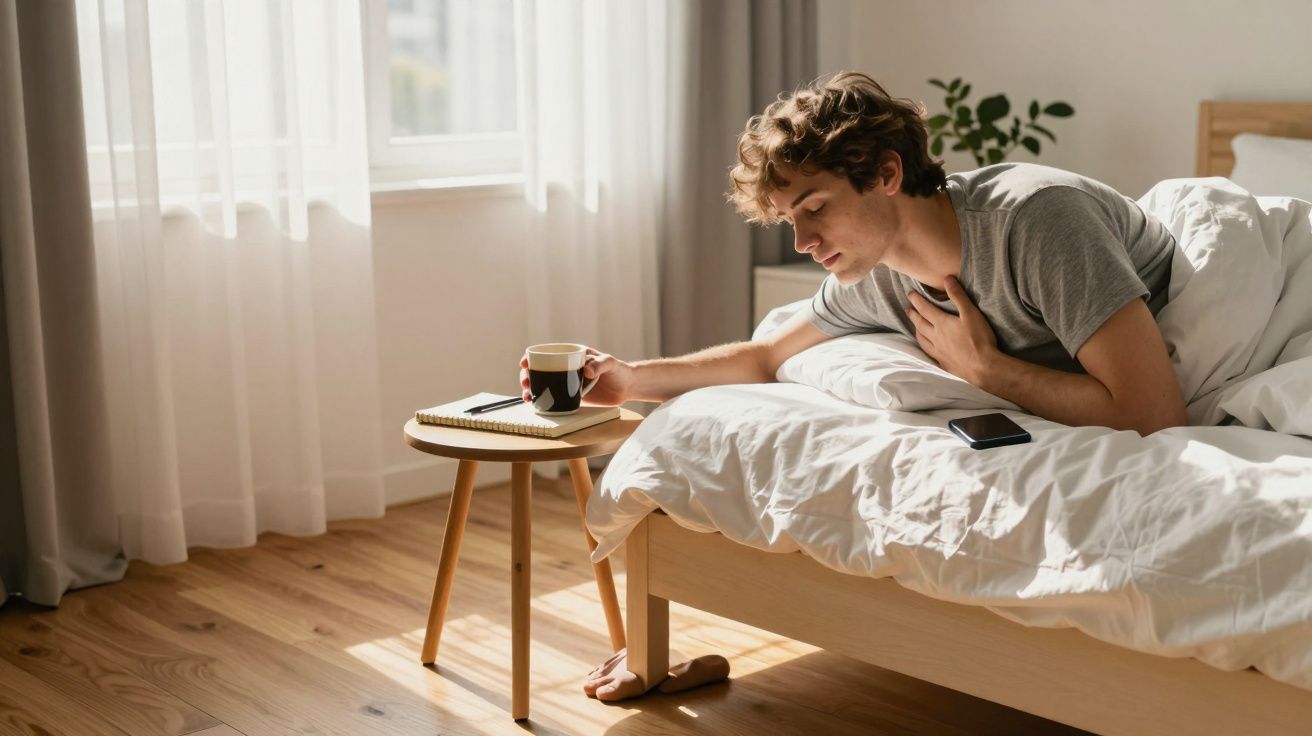 Jovem deitado na cama a pegar uma chávena numa mesa ao lado, com luz natural a entrar pela janela.