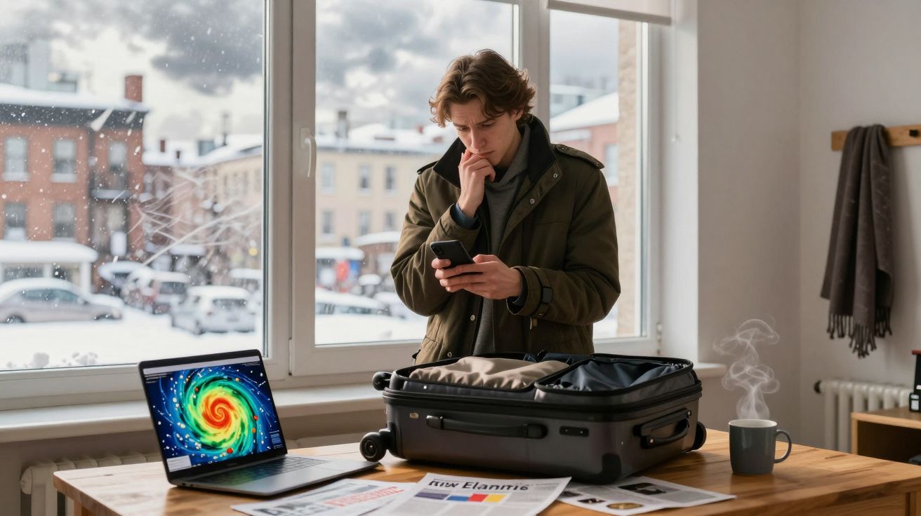 Jovem dentro de casa a preparar mala, consulta telemóvel, enquanto laptop mostra imagem de furacão no ecrã.
