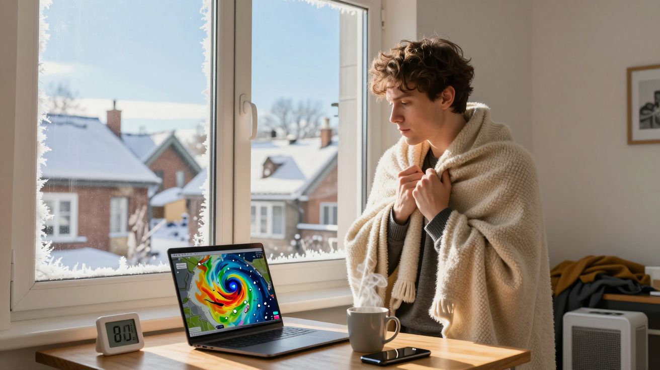 Pessoa enrolada em manta observa previsão de tempestade num computador portátil junto a uma janela com geada.