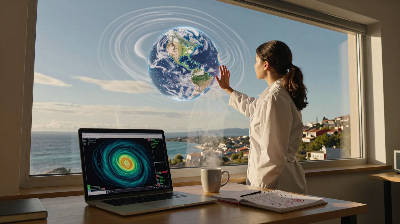 Mulher em laboratório a interagir com modelo holográfico da Terra, com laptop e vista para o mar ao fundo.